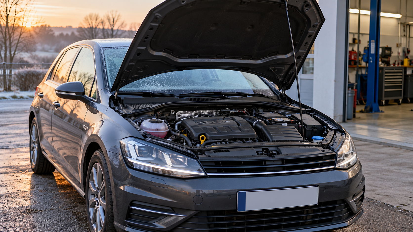 Auto grigia con cofano aperto e vano motore visibile davanti a un’officina in una mattina fredda.