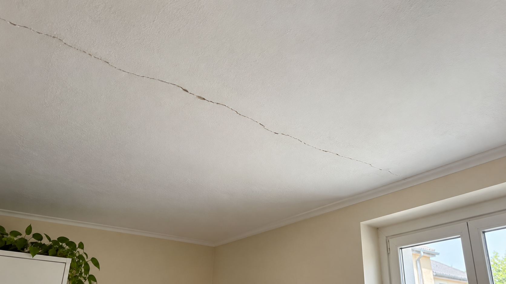 Lunga crepa irregolare su un soffitto bianco, illuminato dalla finestra di un appartamento