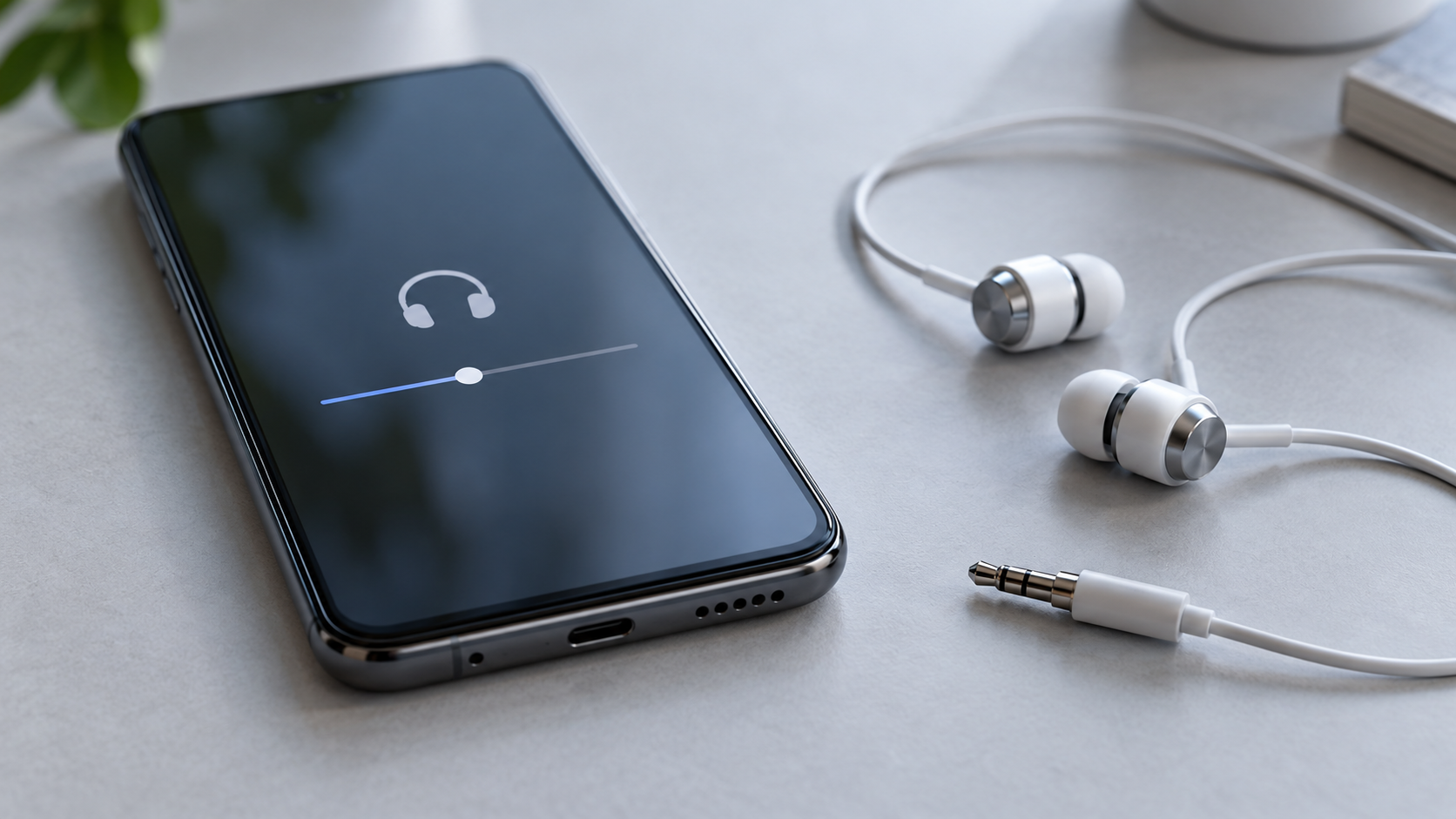 Smartphone con simbolo delle cuffie sullo schermo e auricolari cablati con spinotto scollegato su una scrivania.